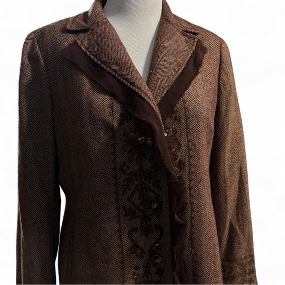 Y2K Focus 2000 Wool Blend Embroidered Long Coat Sz 16 Brown Boho Witchy Academia - Picture 3 of 6